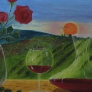 Rotwein mit Rosen im Abendrot